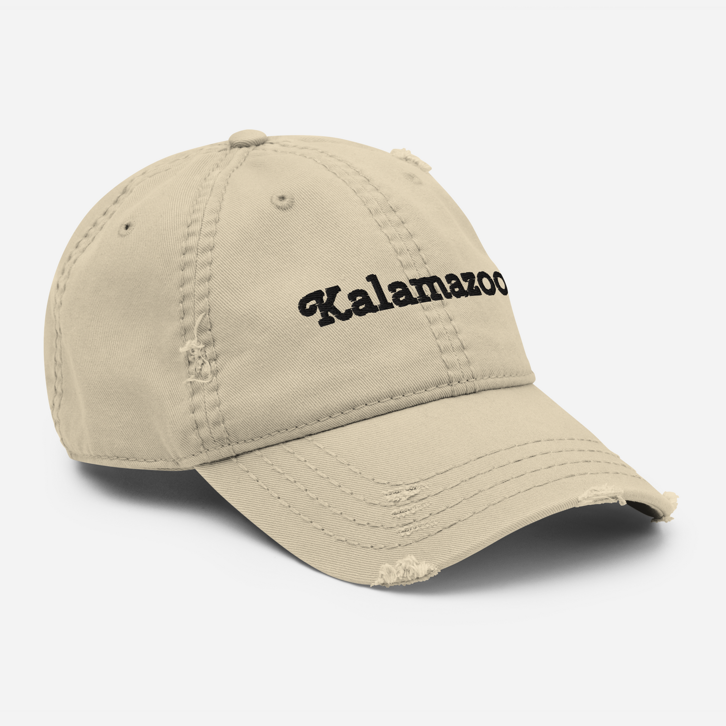 'Kalamazoo' Distressed Dad Hat | White/Black Embroidery