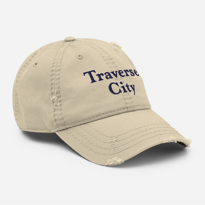 'Traverse City' Distressed Dad Hat | White/Navy Embroidery