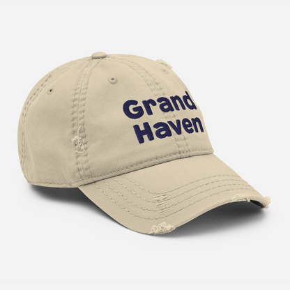 'Grand Haven' Distressed Dad Hat | White/Navy Embroidery