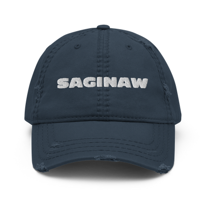 'Saginaw' Distressed Dad Hat | White/Black Embroidery