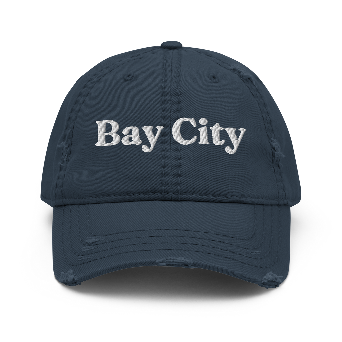 'Bay City' Distressed Dad Hat | White/Navy Embroidery