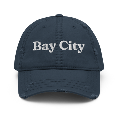 'Bay City' Distressed Dad Hat | White/Navy Embroidery