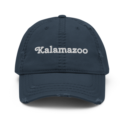 'Kalamazoo' Distressed Dad Hat | White/Black Embroidery