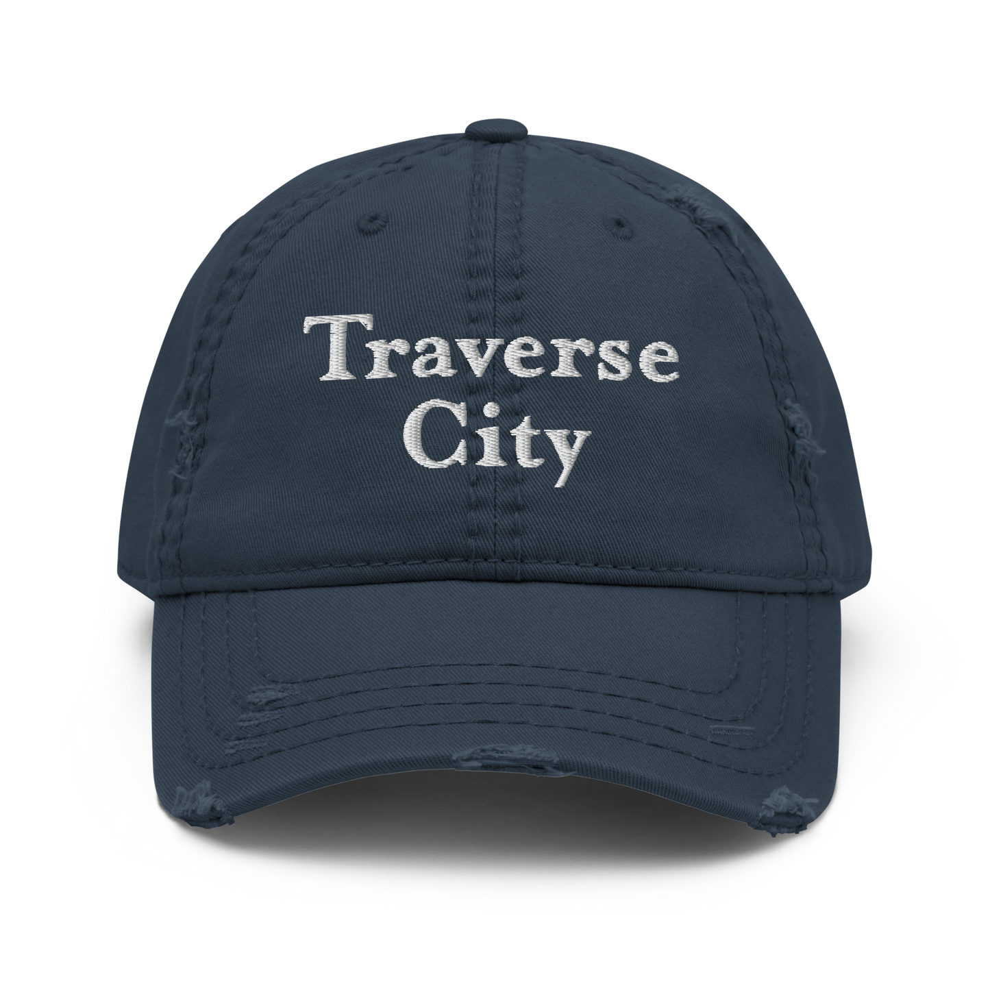 'Traverse City' Distressed Dad Hat | White/Navy Embroidery