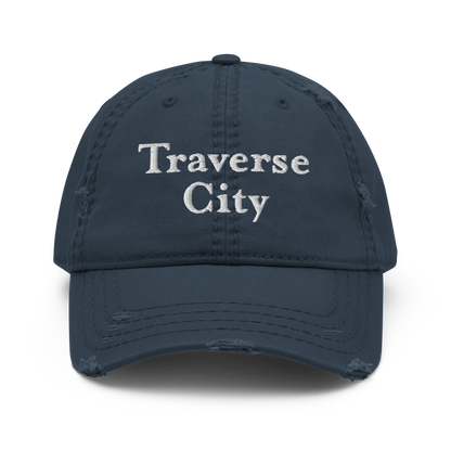 'Traverse City' Distressed Dad Hat | White/Navy Embroidery