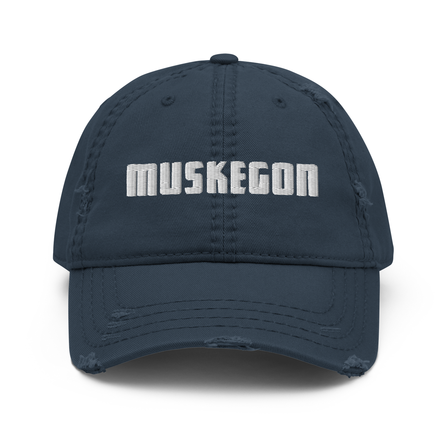 'Muskegon' Distressed Dad Hat | White/Black Embroidery