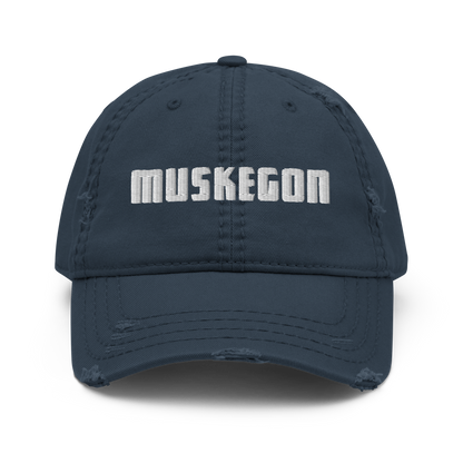 'Muskegon' Distressed Dad Hat | White/Black Embroidery