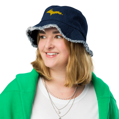 Michigan Upper Peninsula Distressed Denim Hat (w/ Gold UP Outline)