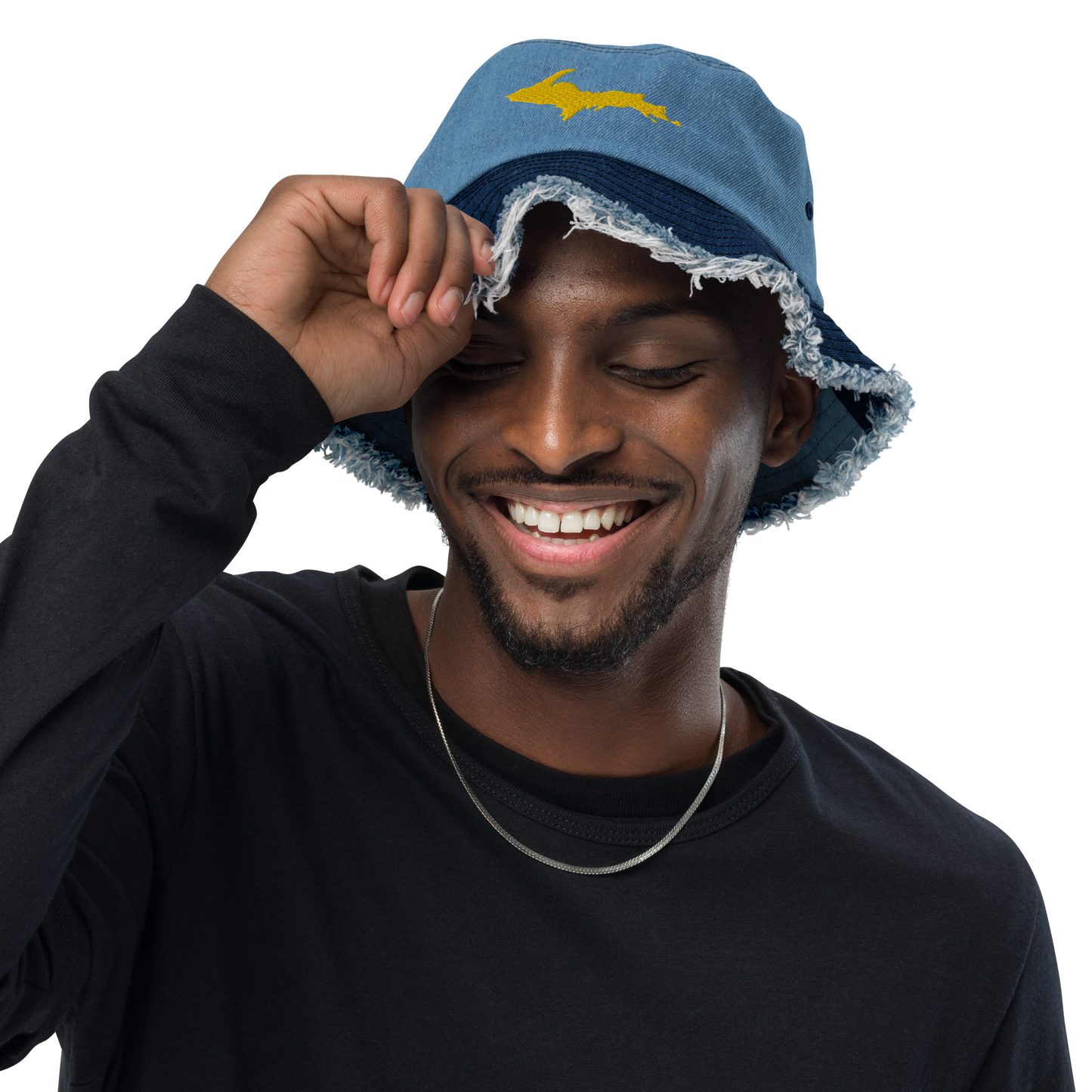 Michigan Upper Peninsula Distressed Denim Hat (w/ Gold UP Outline)