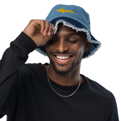 Michigan Upper Peninsula Distressed Denim Hat (w/ Gold UP Outline)