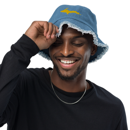 Michigan Upper Peninsula Distressed Denim Hat (w/ Gold UP Outline)