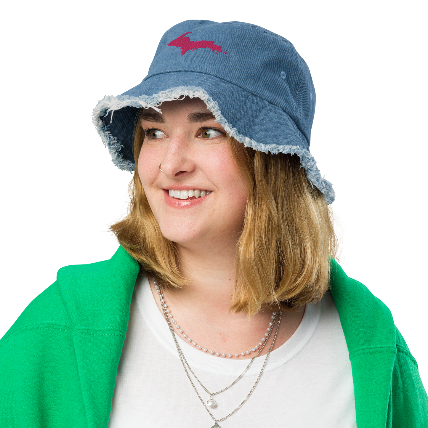 Michigan Upper Peninsula Distressed Denim Hat (w/ Pink UP Outline)