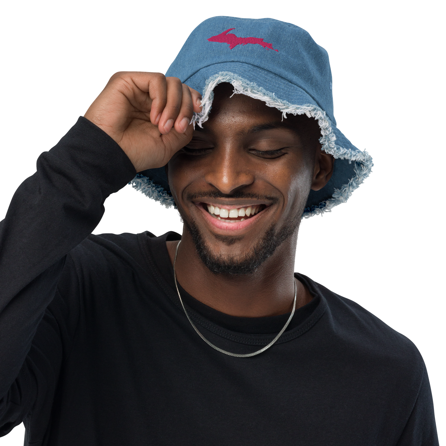 Michigan Upper Peninsula Distressed Denim Hat (w/ Pink UP Outline)