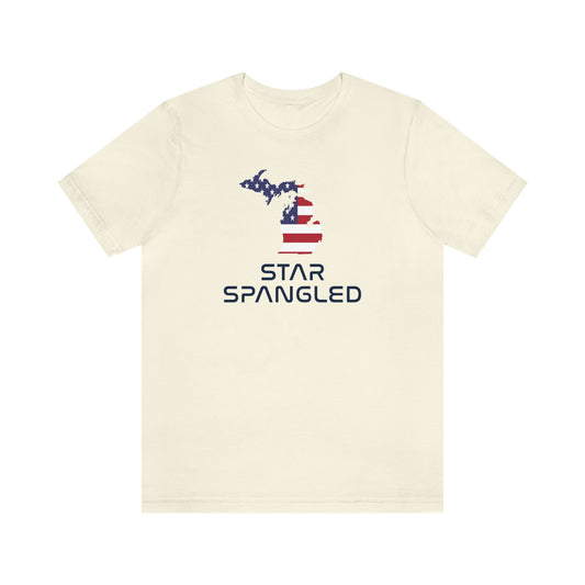 Michigan 'Star Spangled' T-Shirt (Space Agency Font w/ MI USA Flag Outline) | Unisex Standard Fit