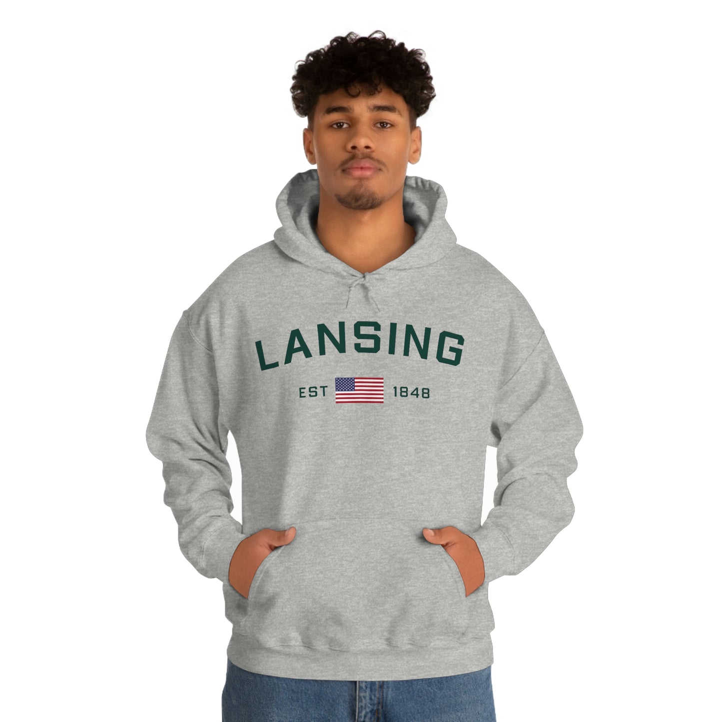 'Lansing EST 1848' Hoodie (w/USA Flag Outline) | Unisex Standard