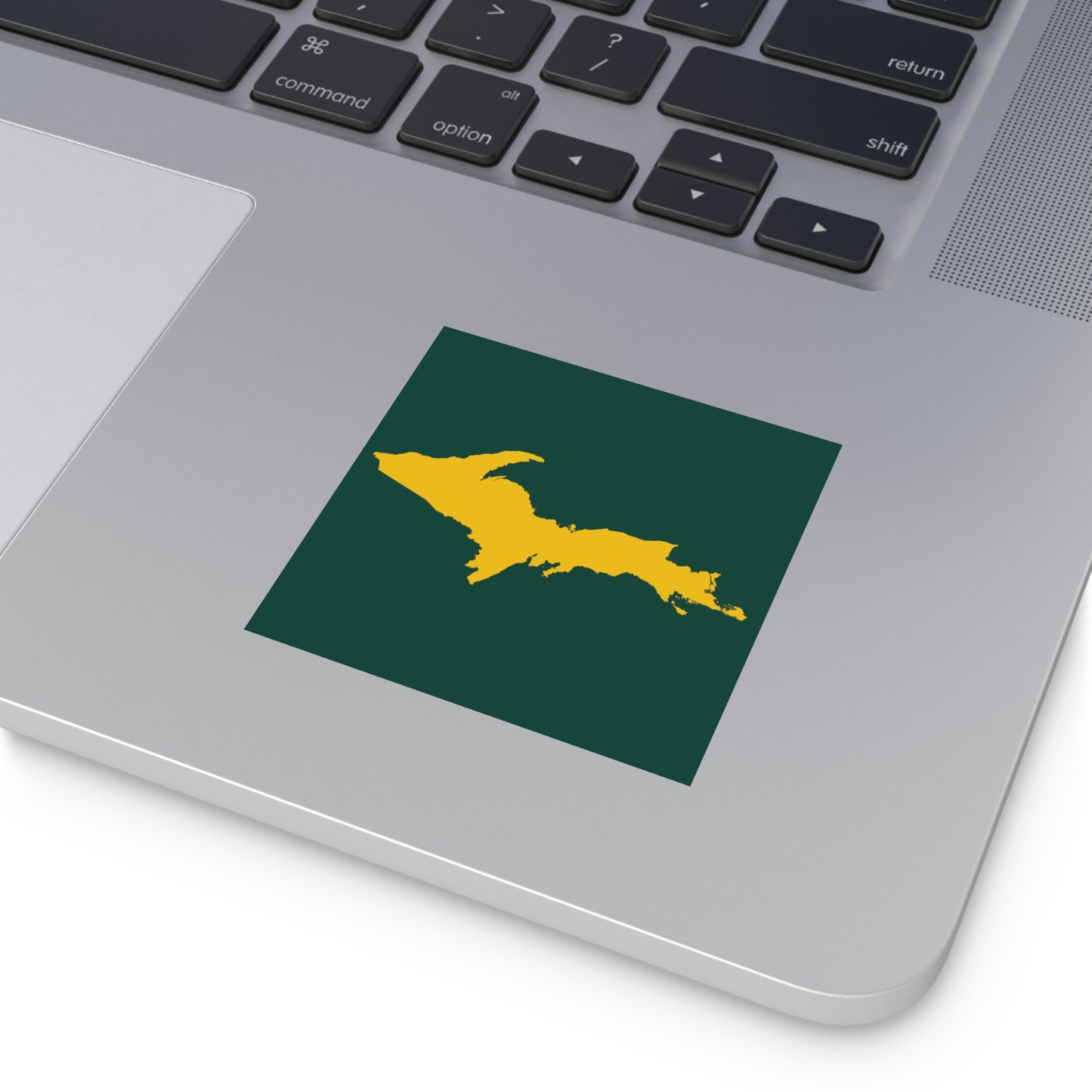 Michigan Upper Peninsula Square Sticker (Green w/ Gold UP Outline) | Indoor/Outdoor