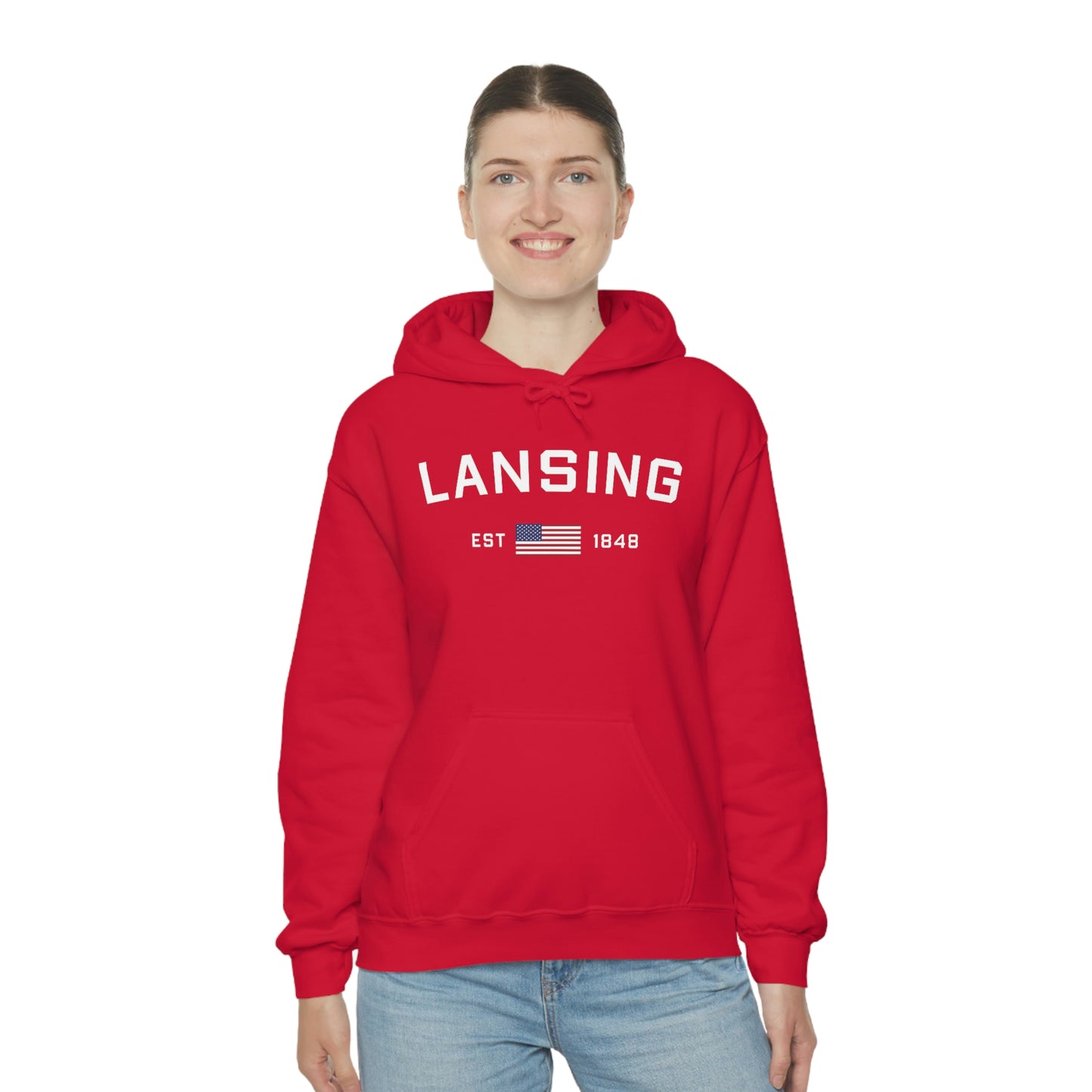 'Lansing EST 1848' Hoodie (w/USA Flag Outline) | Unisex Standard