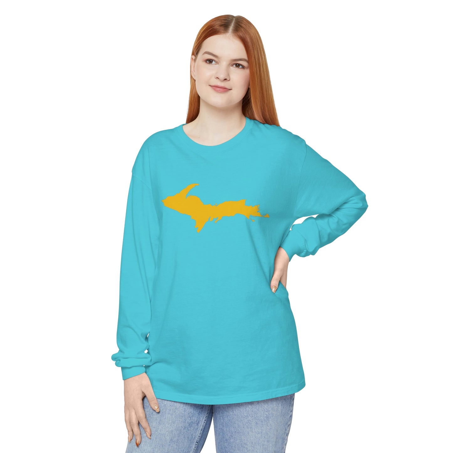 Michigan Upper Peninsula Garment-Dyed T-Shirt (w/ Gold UP Outline) | Unisex Long Sleeve