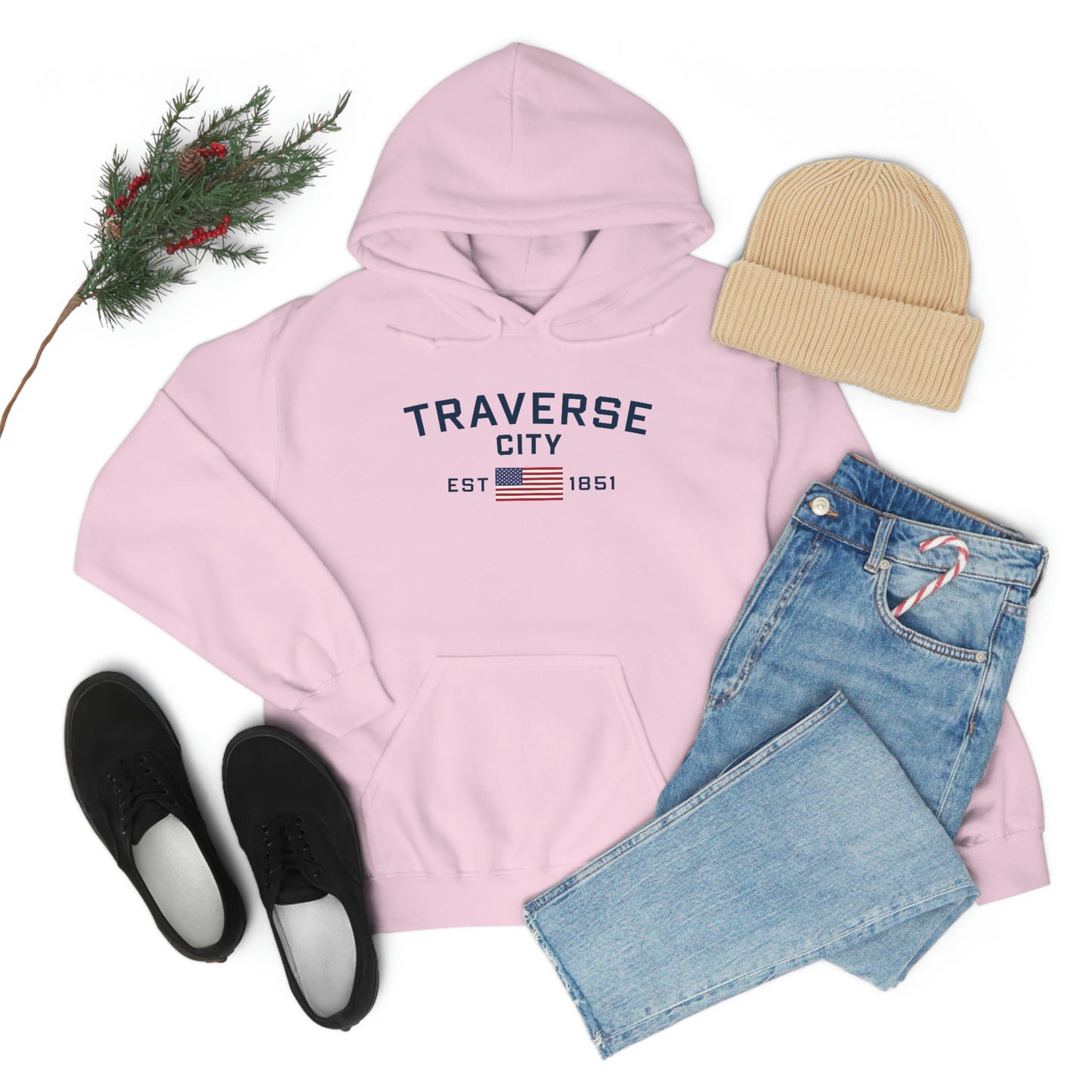 'Traverse City EST 1851' Hoodie (w/USA Flag Outline) | Unisex Standard