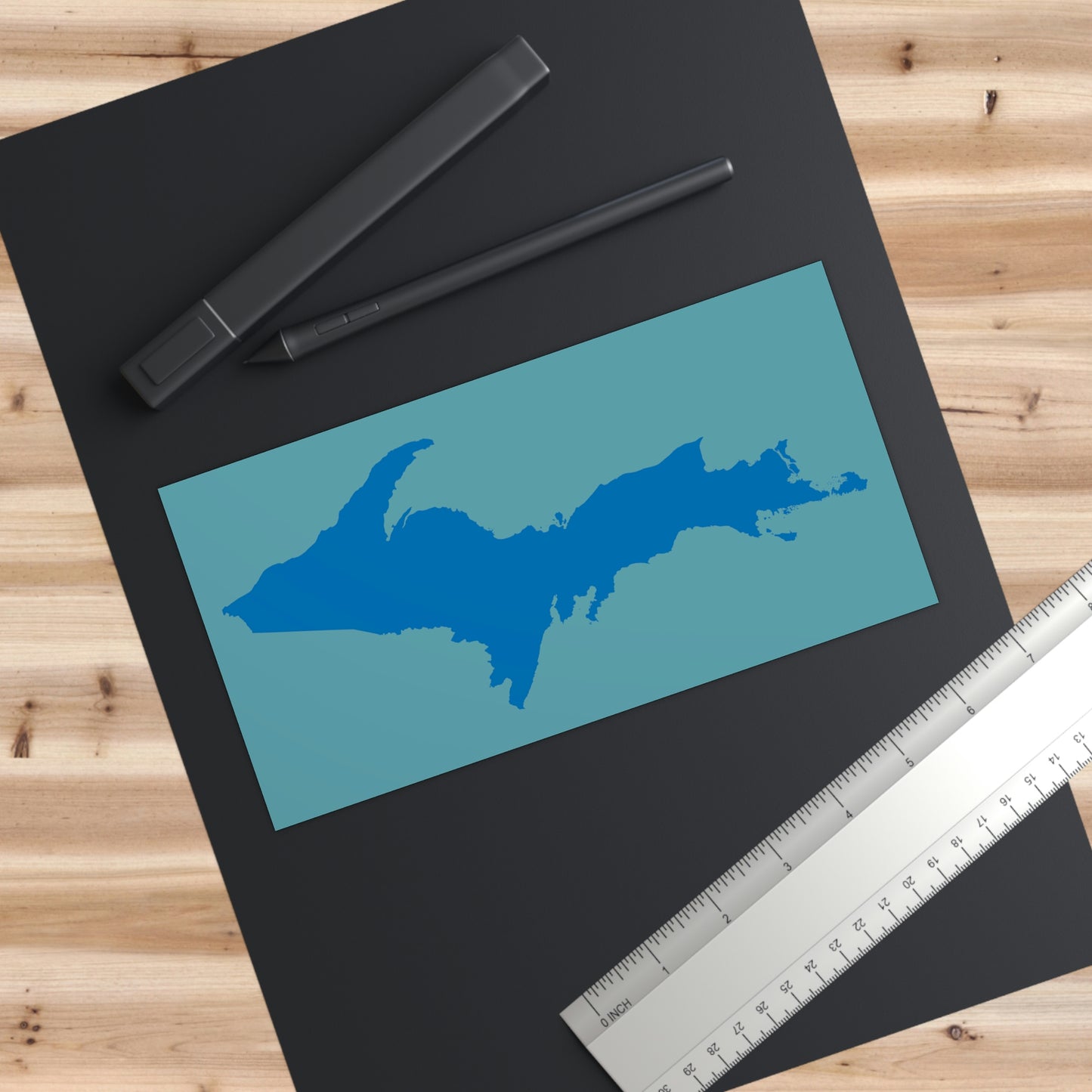 Michigan Upper Peninsula Bumper Sticker (w/ Azure UP Outline) | Huron Blue Background