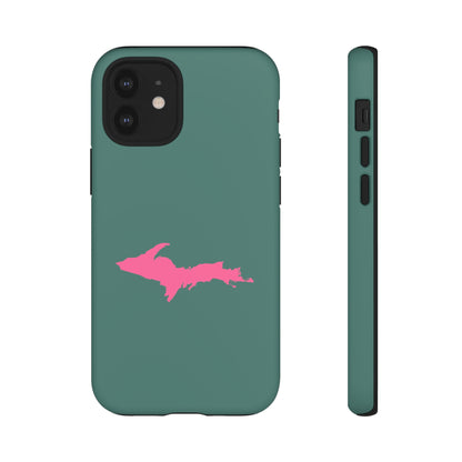 Michigan Upper Peninsula Tough Phone Case (Copper Green w/ Pink UP Outline) | Apple iPhone