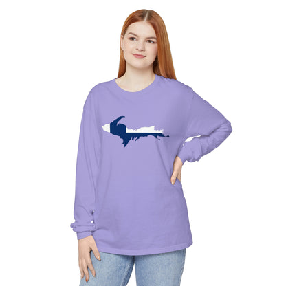 Michigan Upper Peninsula Garment-Dyed T-Shirt (w/ UP Finland Flag Outline) | Unisex Long Sleeve