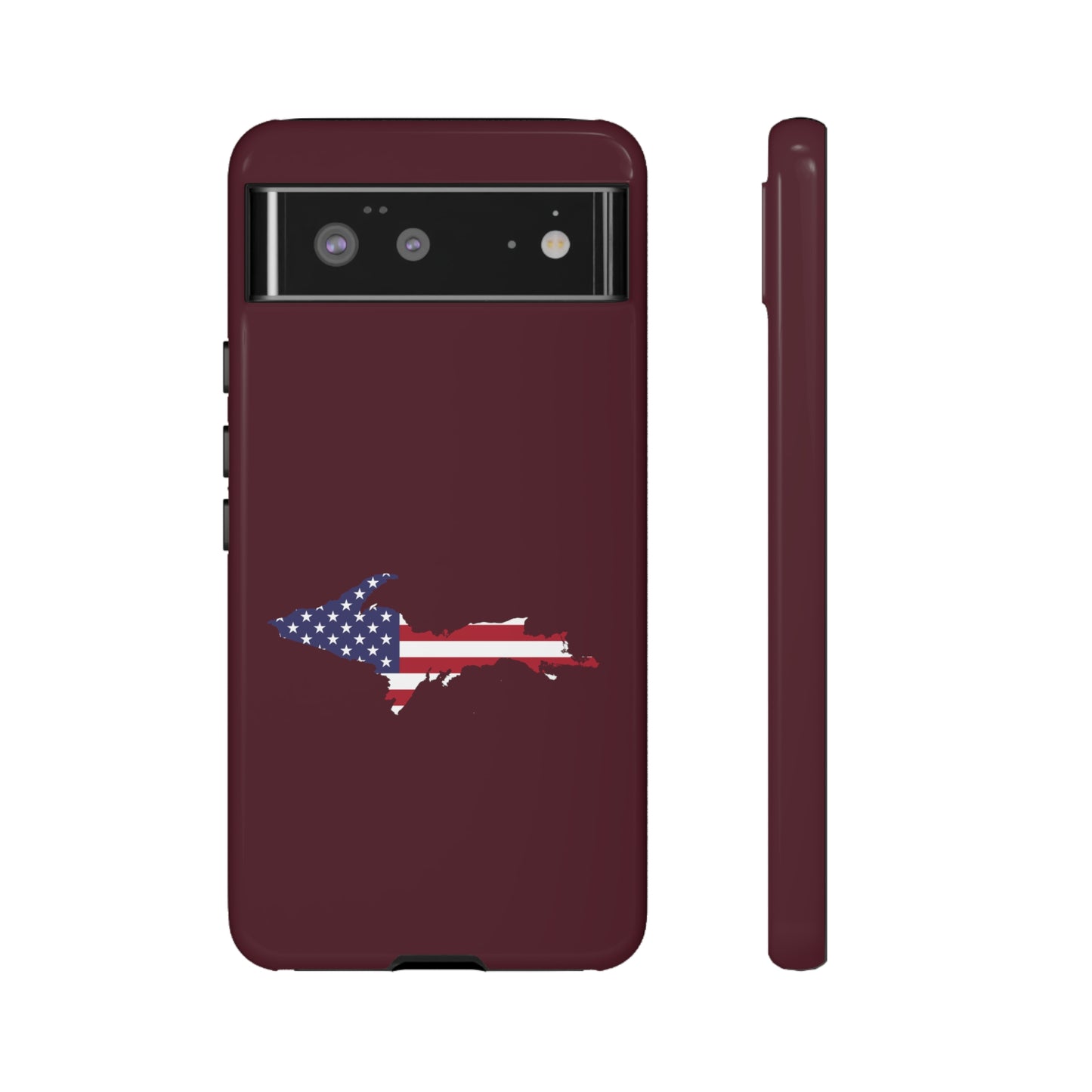 Michigan Upper Peninsula Tough Phone Case (Old Mission Burgundy w/ UP USA Flag Outline) | Samsung & Pixel Android