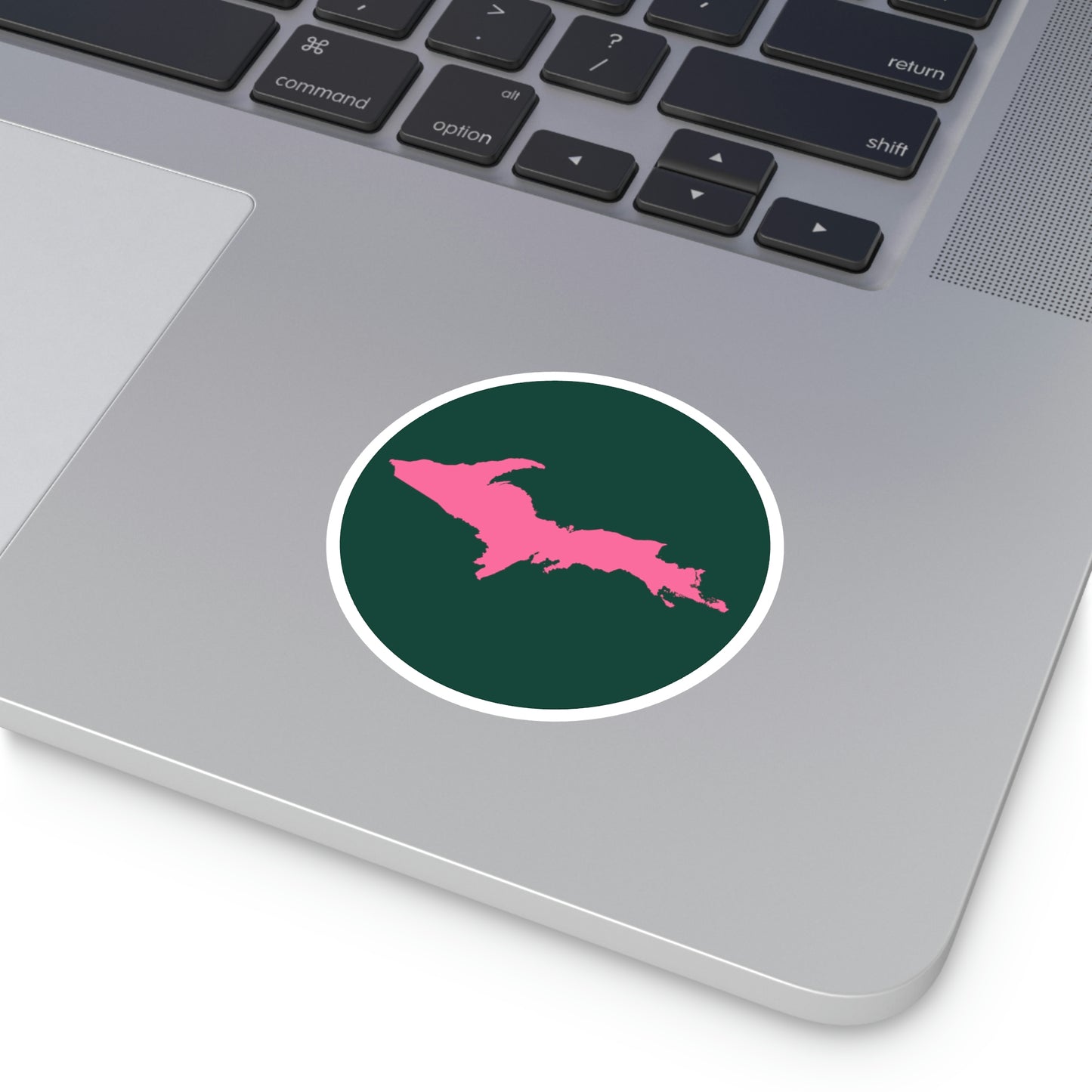 Michigan Upper Peninsula Round Stickers (Green w/ Pink UP Outline) | Indoor\Outdoor