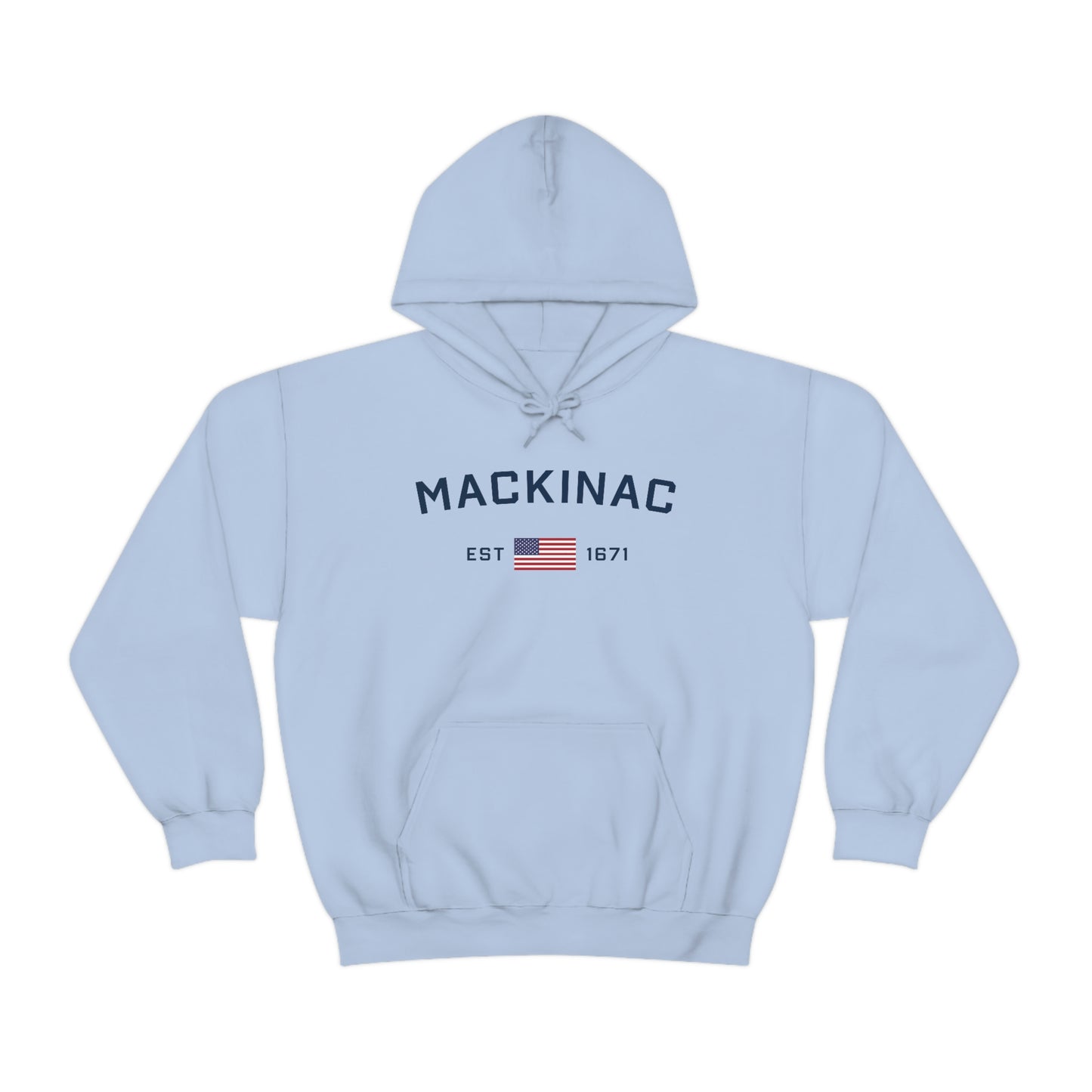 'Mackinac EST 1671' Hoodie (w/USA Flag Outline) | Unisex Standard