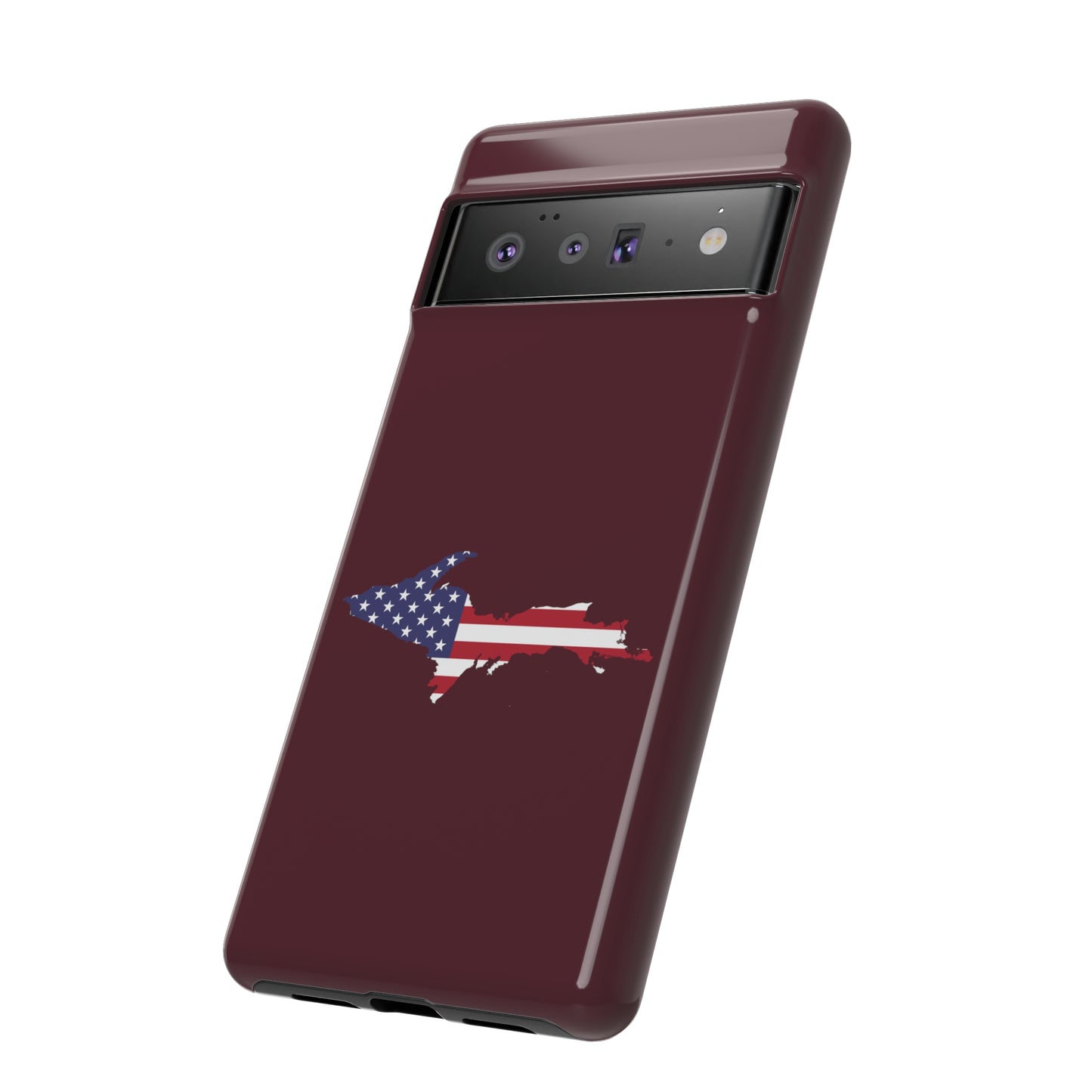 Michigan Upper Peninsula Tough Phone Case (Old Mission Burgundy w/ UP USA Flag Outline) | Samsung & Pixel Android