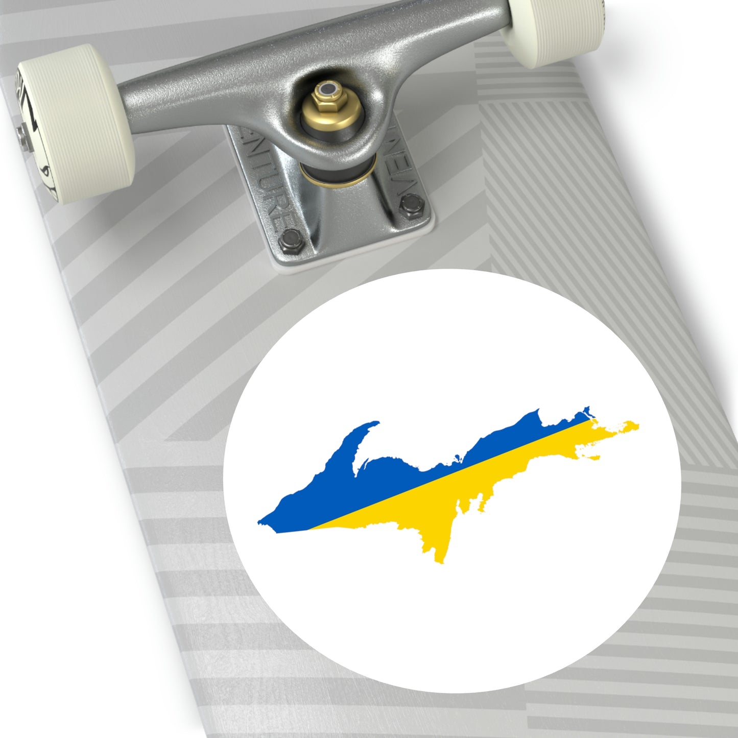 Michigan Upper Peninsula Round Stickers (w/ UP Ukraine Flag Outline) | Indoor\Outdoor