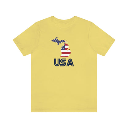 Michigan 'USA' T-Shirt (Audiophile Font w/ MI USA Flag Outline) | Unisex Standard Fit