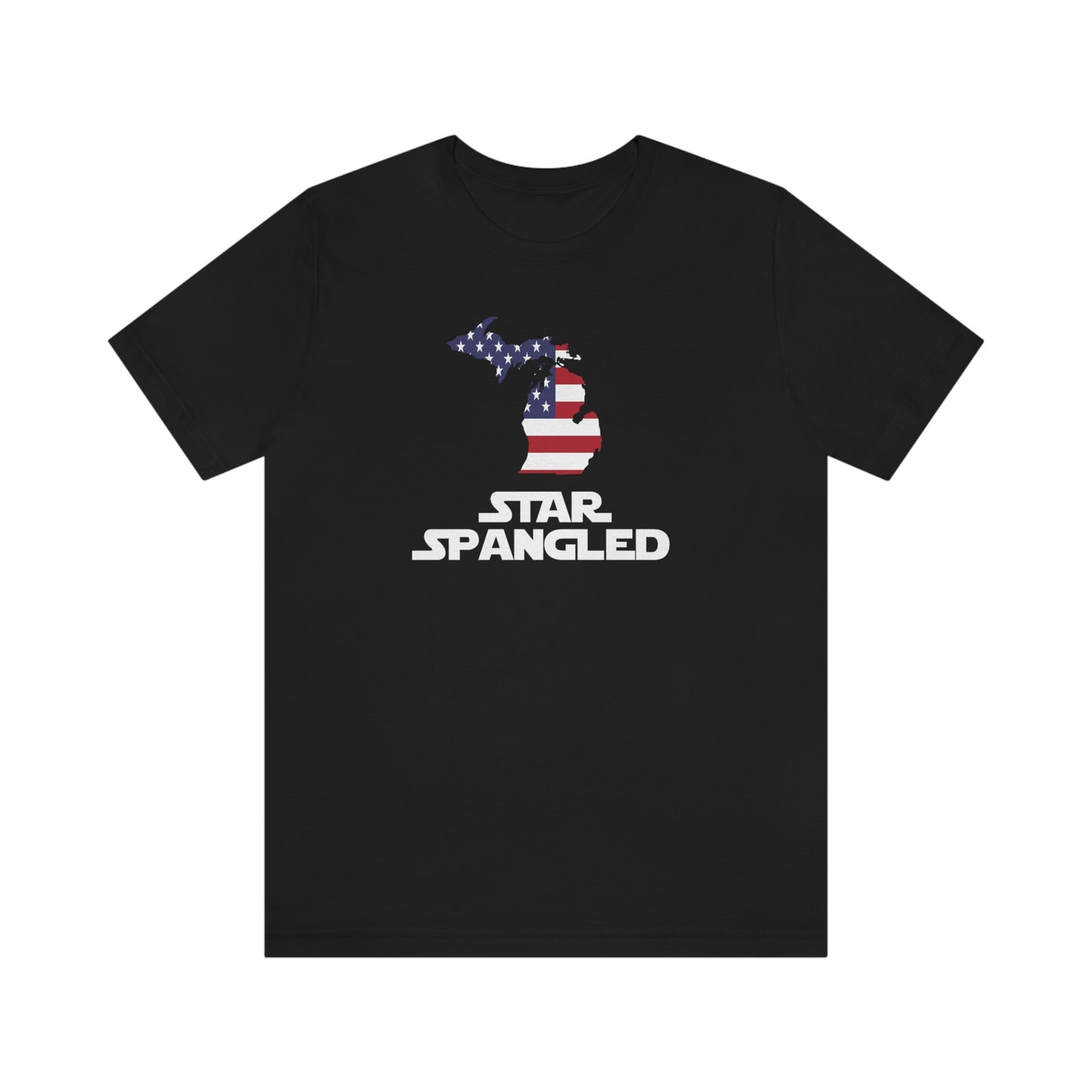 Michigan 'Star Spangled' T-Shirt (Epic Sci Fi Font w/ MI USA Flag Outline) | Unisex Standard Fit