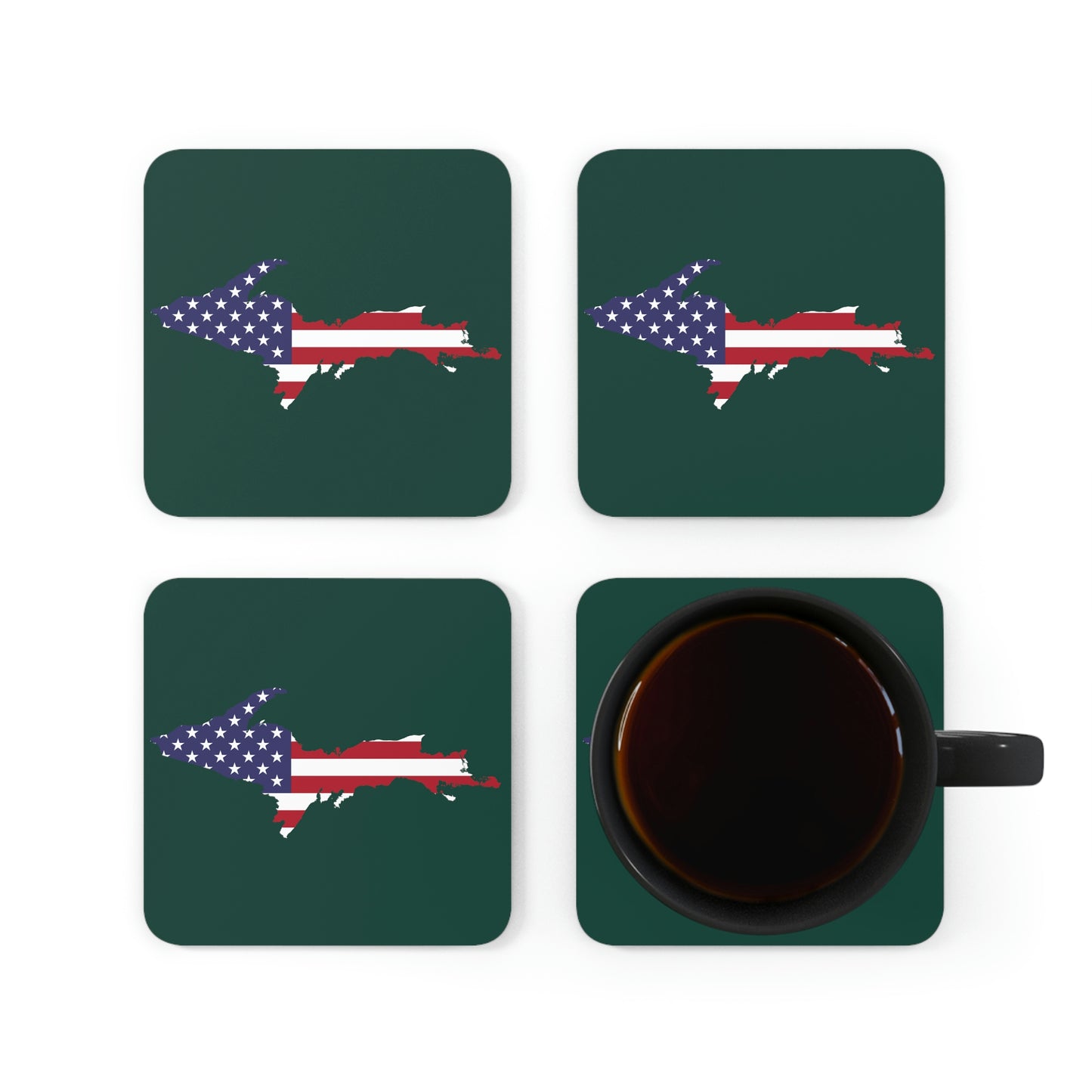 Michigan Upper Peninsula Coaster Set (Green w/ UP USA Flag Outline) | Corkwood - 4 pack