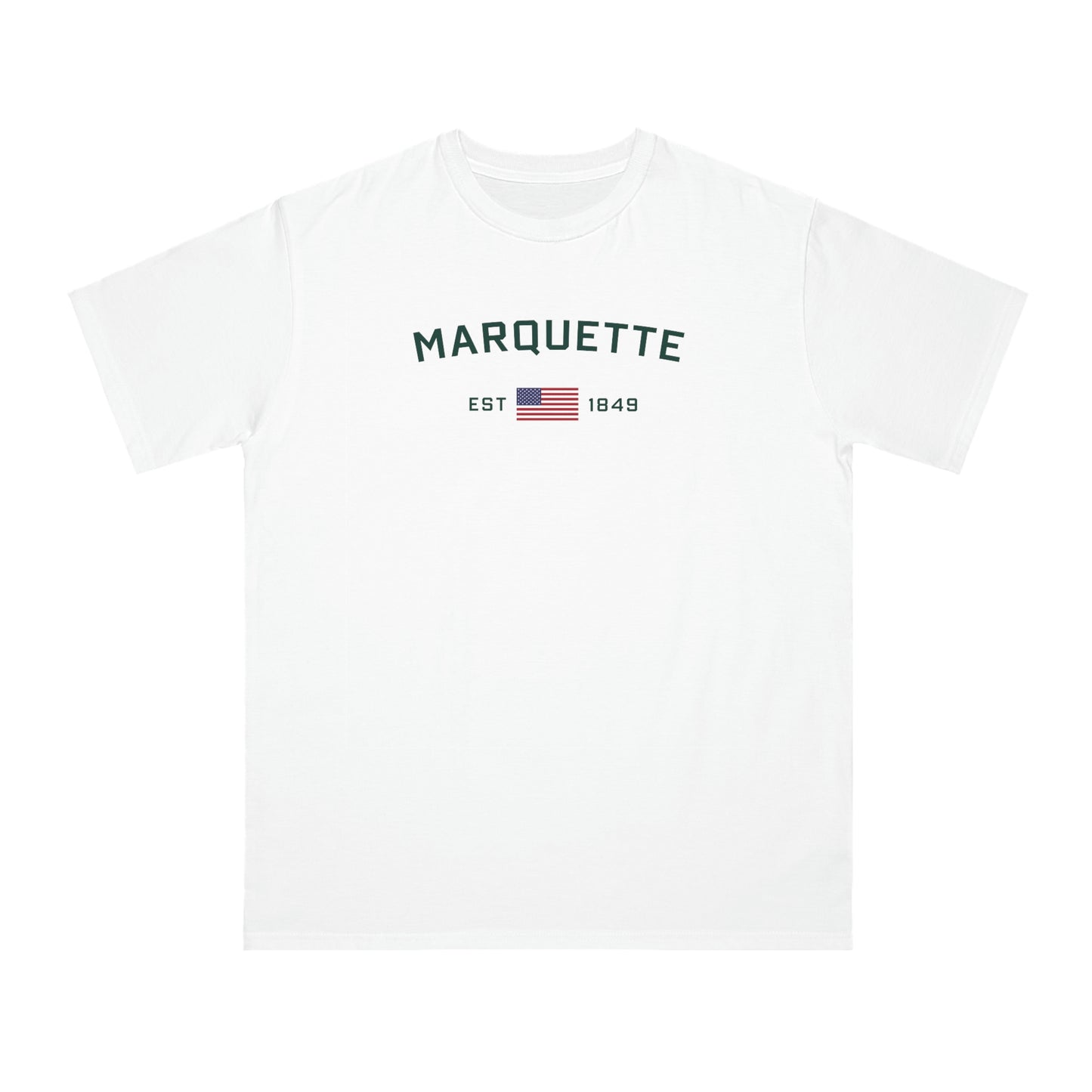 'Marquette EST 1849' T-Shirt (Green/Gold Type w/ USA Flag | Organic Unisex