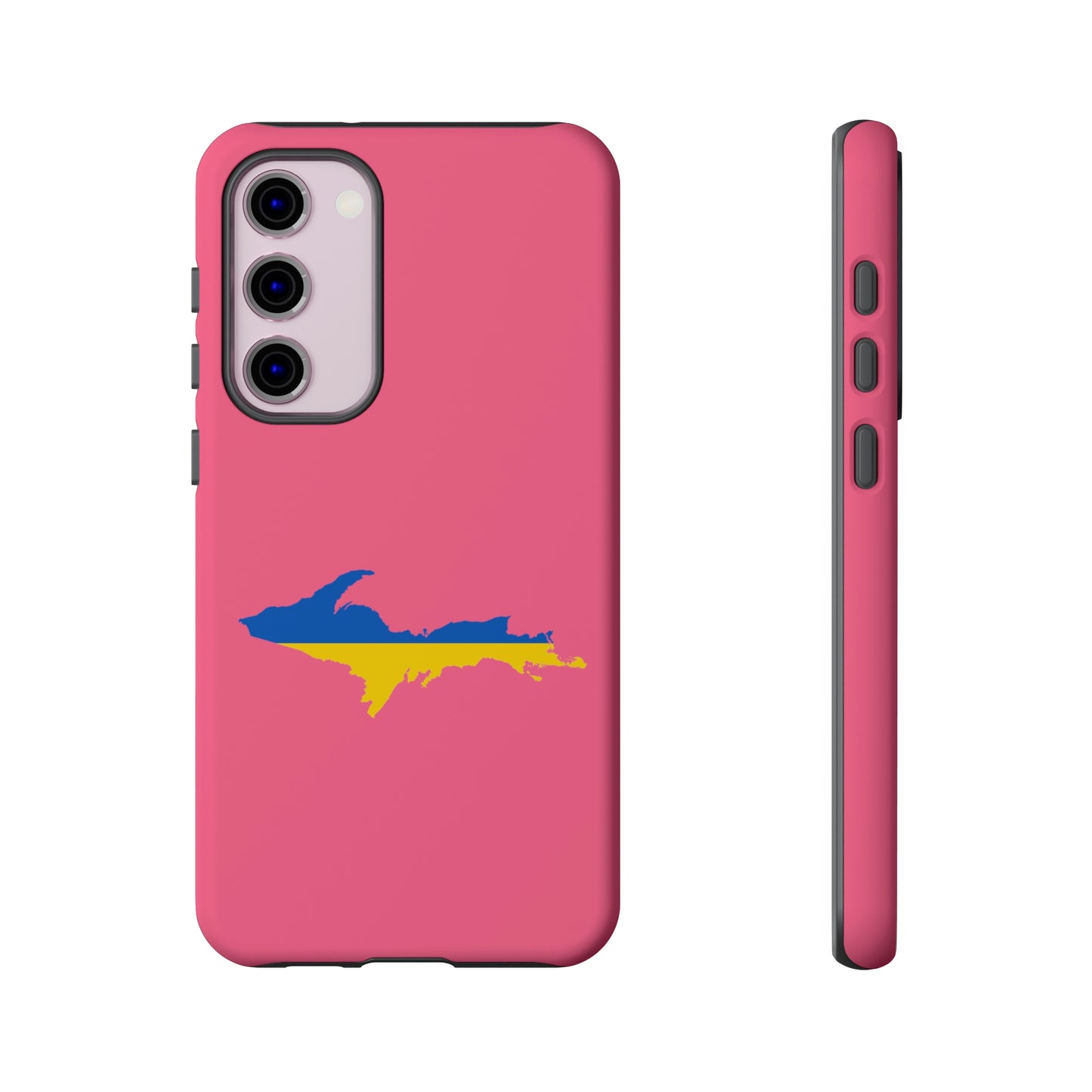 Michigan Upper Peninsula Tough Phone Case (Rhodochrosite Pink w/ UP Ukraine Flag Outline) | Samsung & Pixel Android