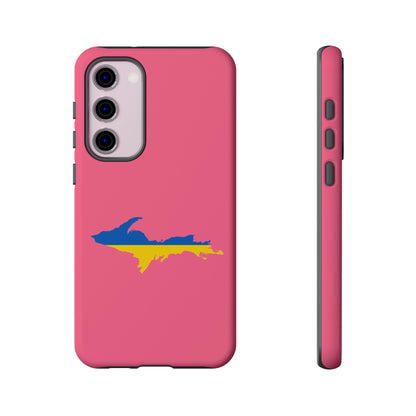 Michigan Upper Peninsula Tough Phone Case (Rhodochrosite Pink w/ UP Ukraine Flag Outline) | Samsung & Pixel Android