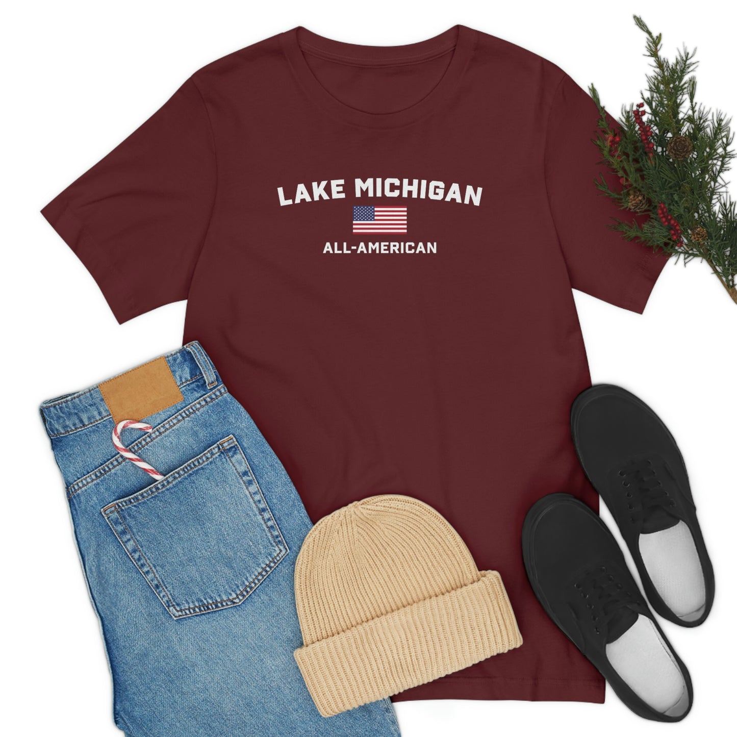 'Lake Michigan All American' T-Shirt (w/USA Flag Outline) | Unisex Standard Fit