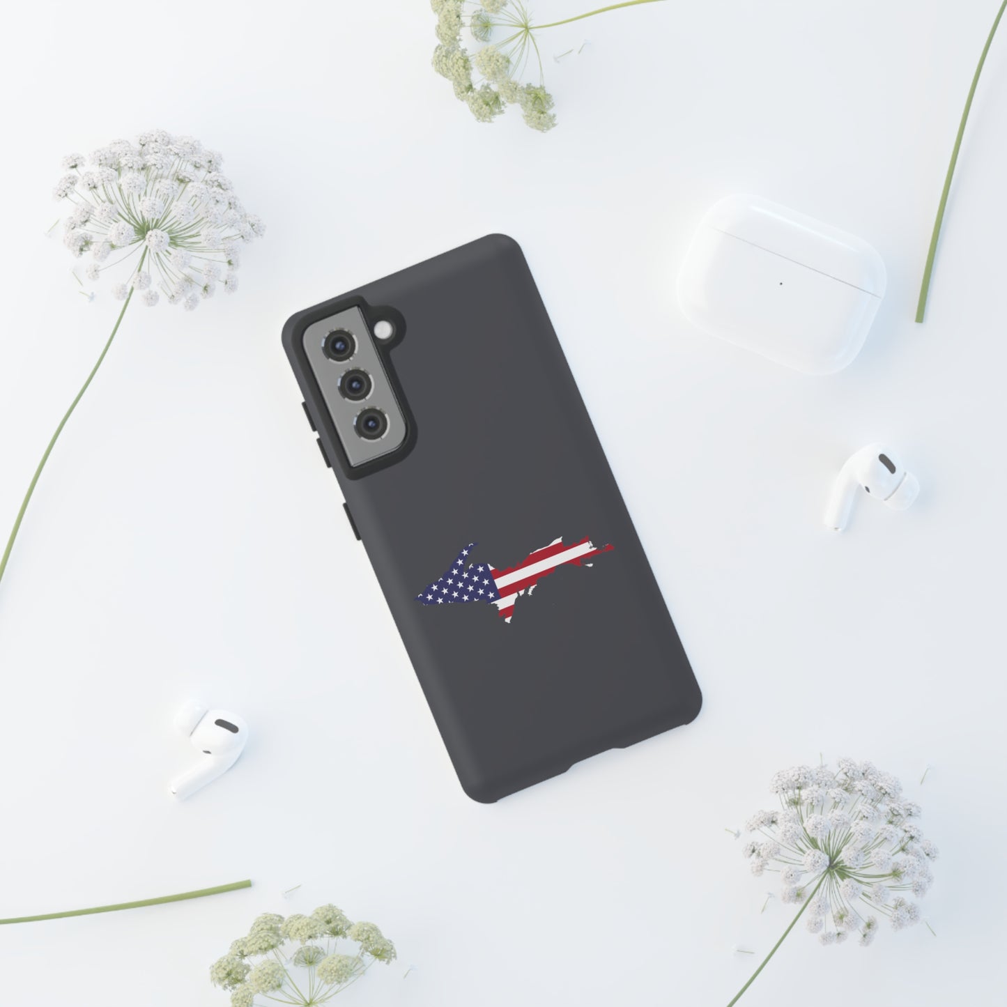 Michigan Upper Peninsula Tough Phone Case (Iron Ore Grey w/ UP USA Flag Outline) | Samsung & Pixel Android