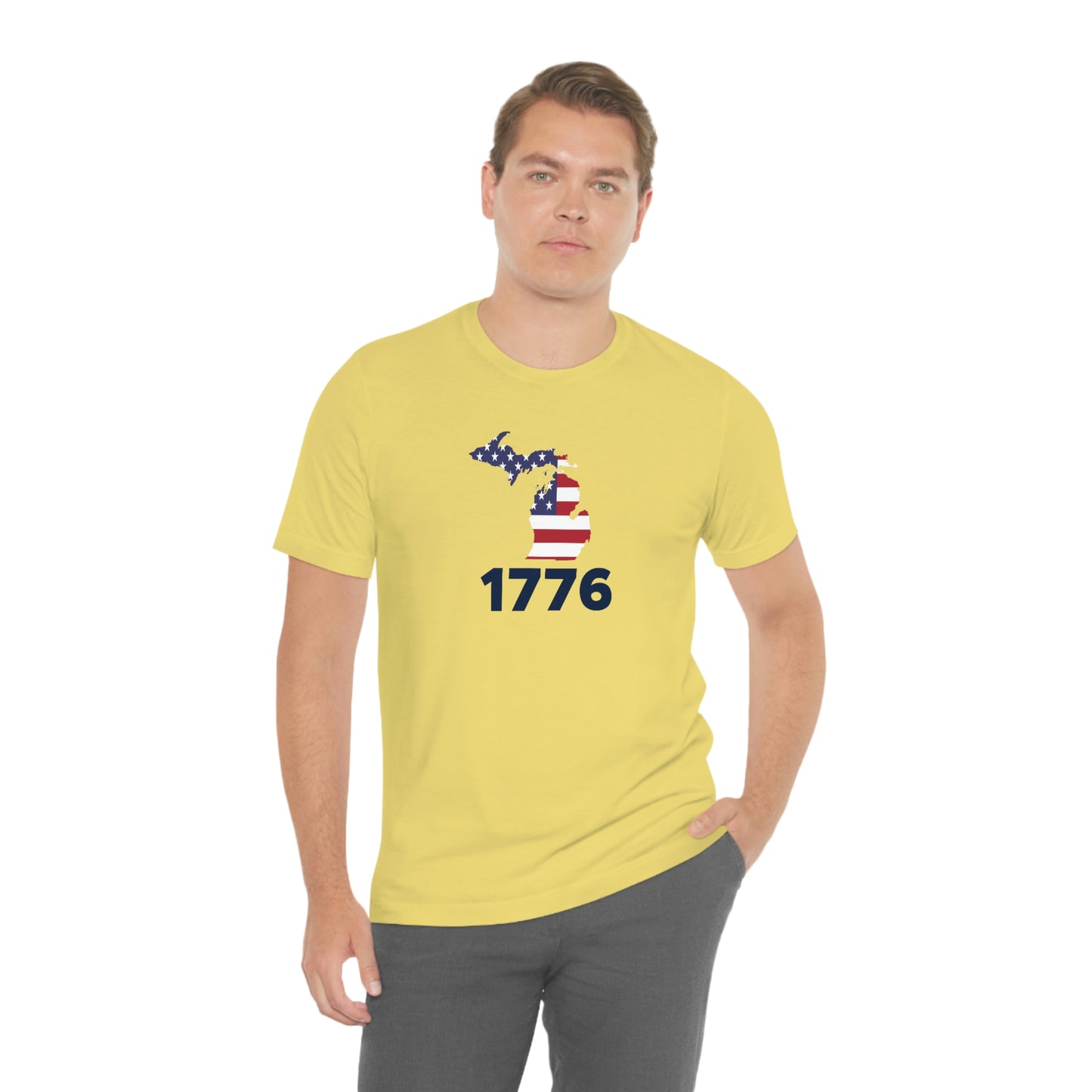 Michigan '1776' T-Shirt (Geometric Sans Font w/ MI USA Flag Outline) | Unisex Standard Fit