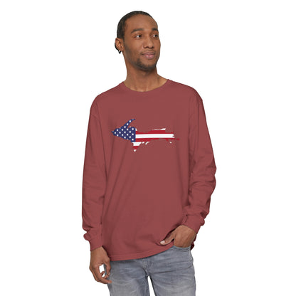 Michigan Upper Peninsula Garment-Dyed T-Shirt (w/ UP USA Flag Outline) | Unisex Long Sleeve