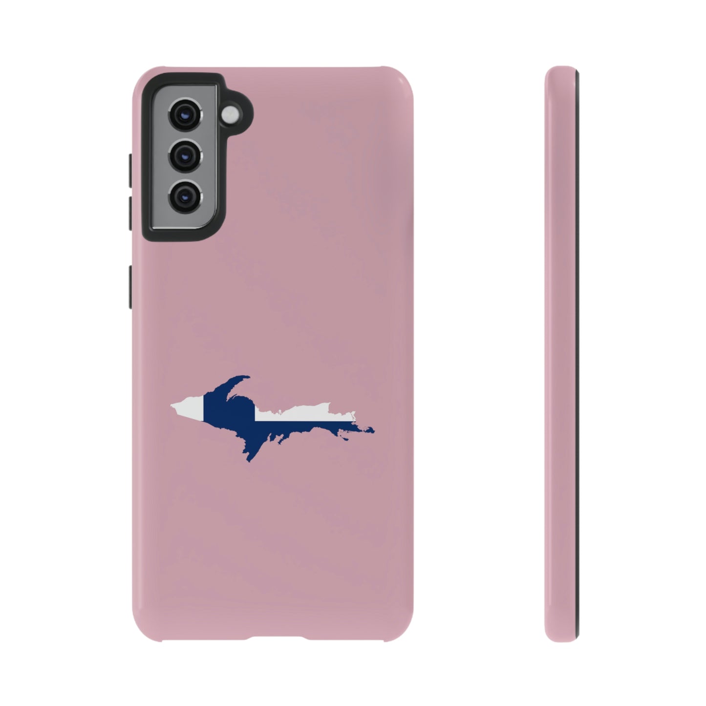 Michigan Upper Peninsula Tough Phone Case (Pink w/ UP Finland Flag Outline) | Samsung & Pixel Android