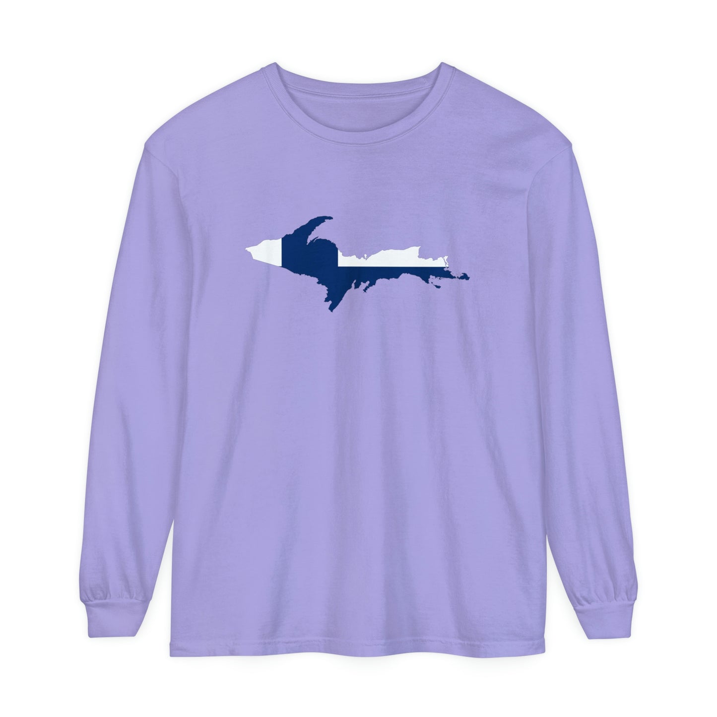 Michigan Upper Peninsula Garment-Dyed T-Shirt (w/ UP Finland Flag Outline) | Unisex Long Sleeve