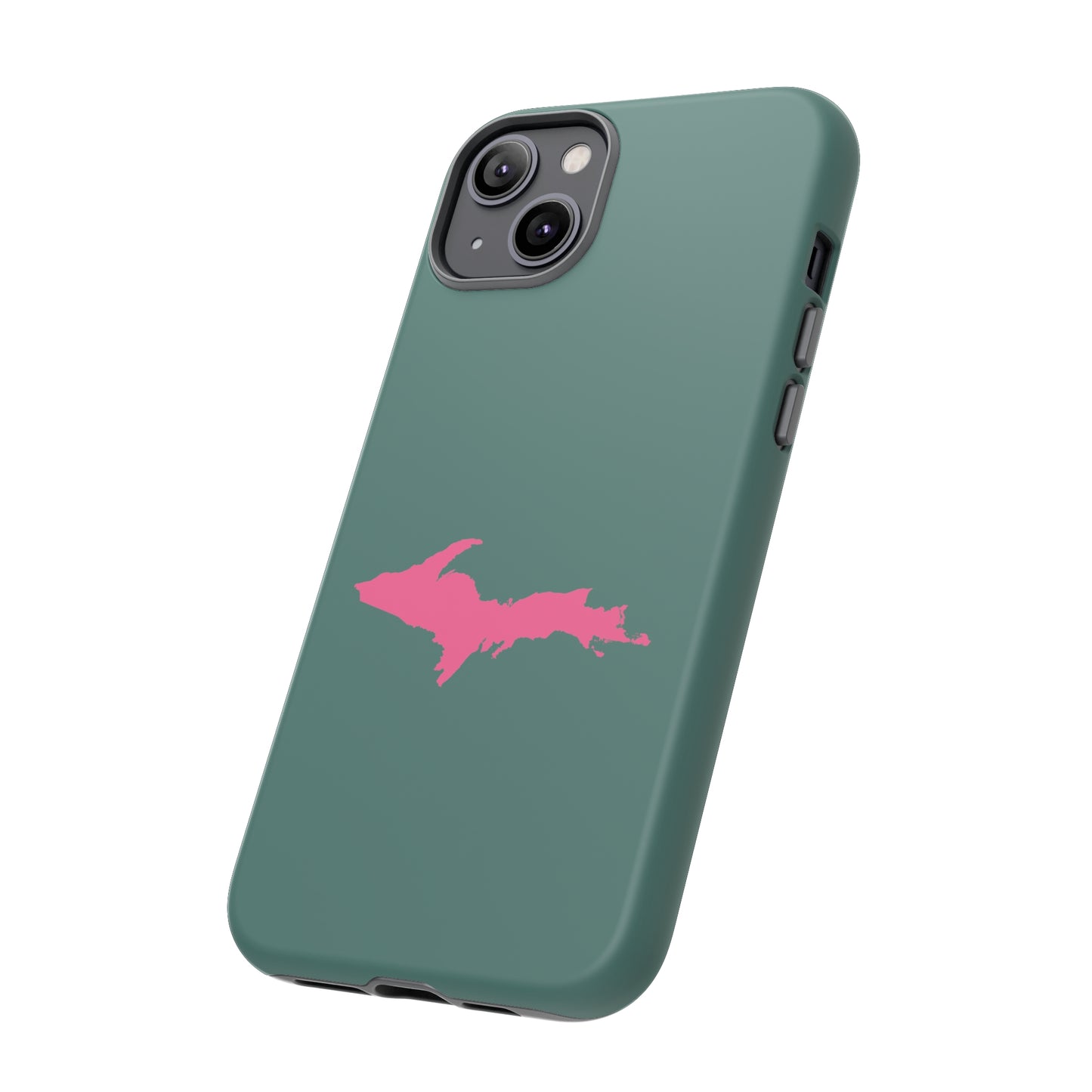 Michigan Upper Peninsula Tough Phone Case (Copper Green w/ Pink UP Outline) | Apple iPhone