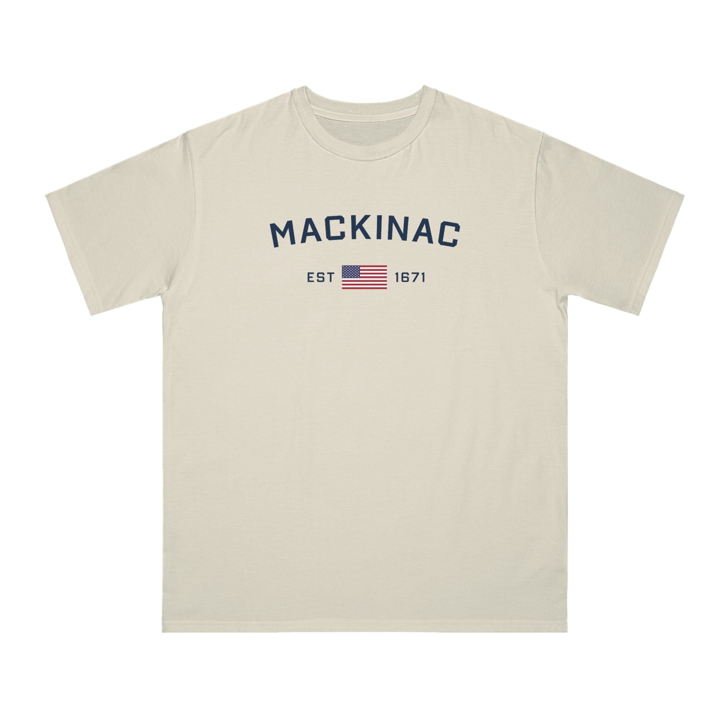 'Mackinac EST 1671' T-Shirt (w/ USA Flag | Organic Unisex