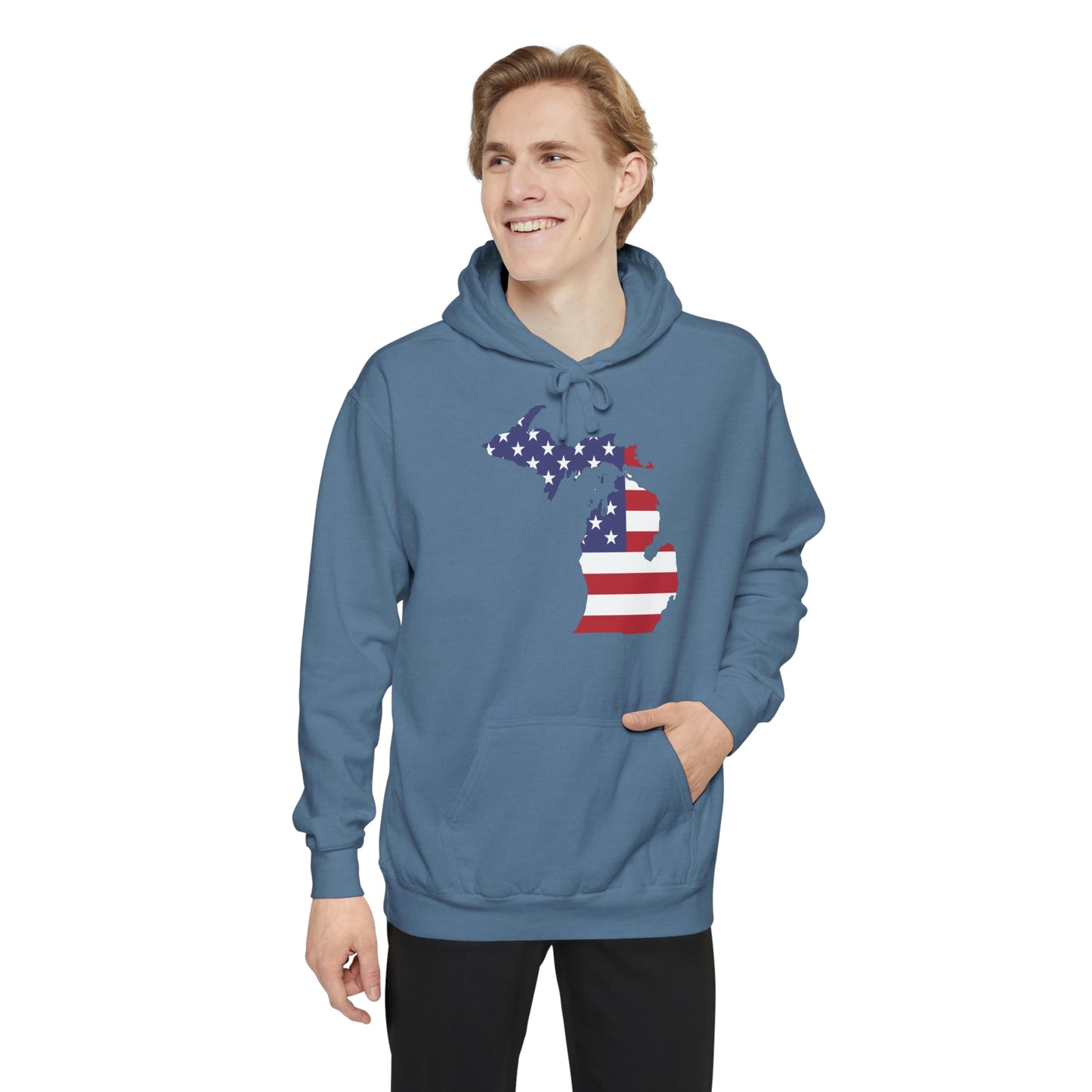 Michigan Upper Peninsula Hoodie (w/ MI USA Flag Outline) | Unisex Garment-Dyed