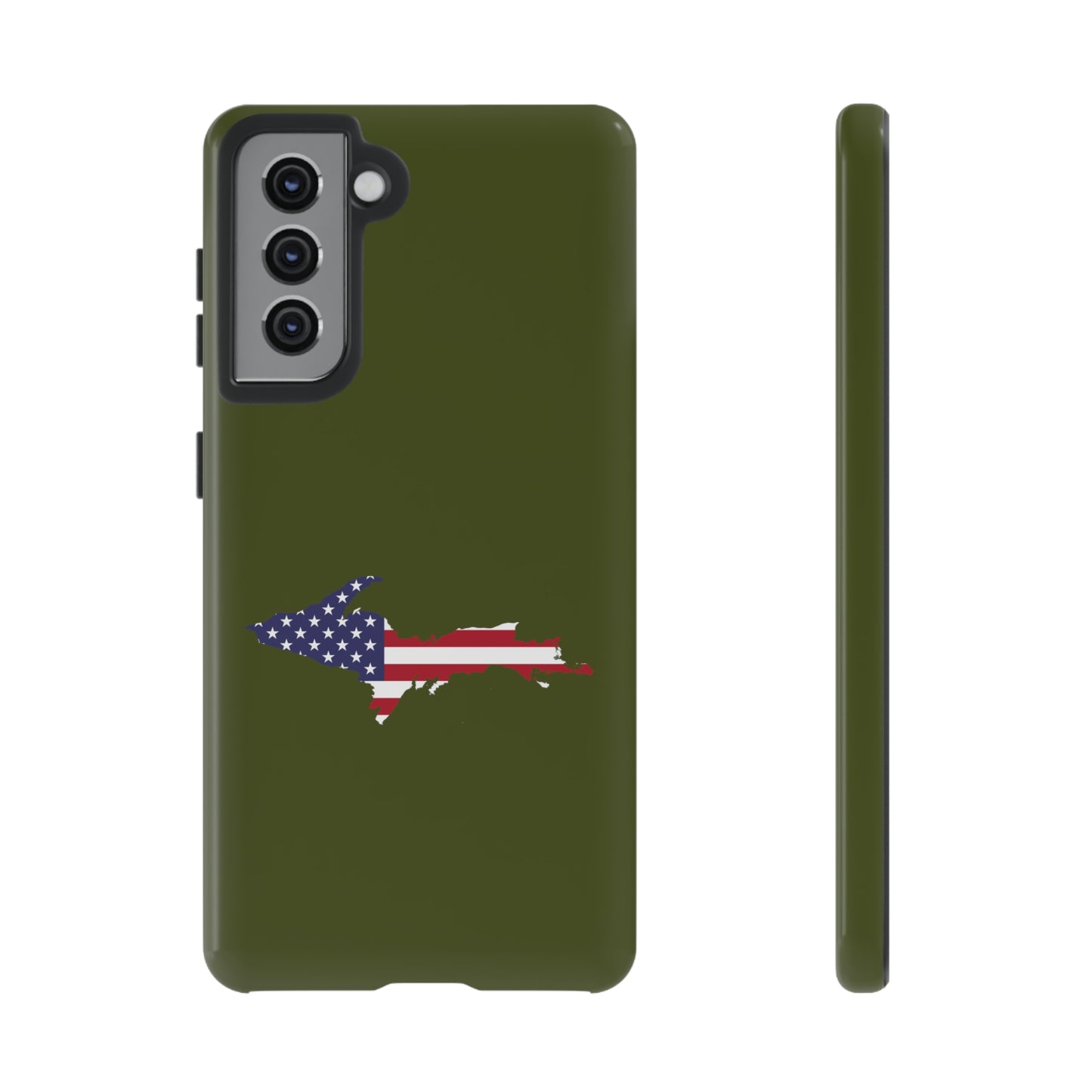 Michigan Upper Peninsula Tough Phone Case (Army Green w/ UP USA Flag Outline) | Samsung & Pixel Android