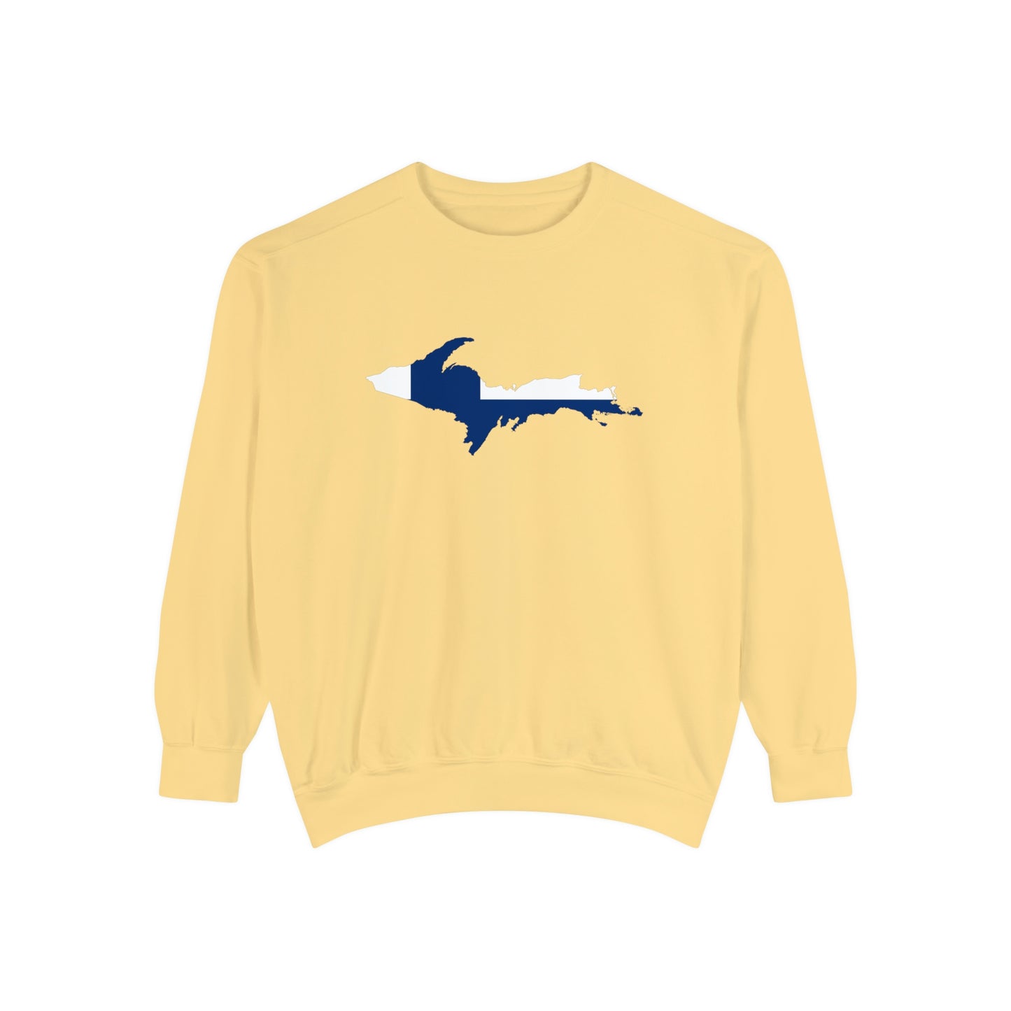 Michigan Upper Peninsula Sweatshirt (w/ UP Finland Flag Outline) | Unisex Garment Dyed