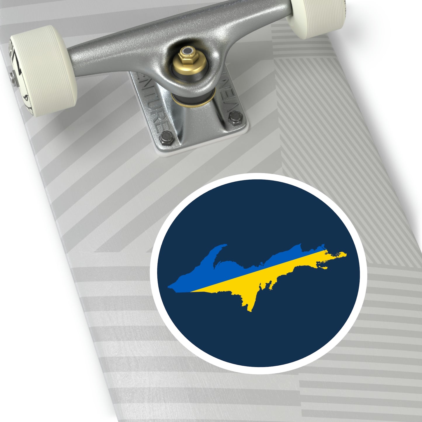 Michigan Upper Peninsula Round Stickers (Navy w/ UP Ukraine Flag Outline) | Indoor\Outdoor