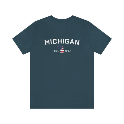 'Michigan EST 1837'' T-Shirt (w/ MI USA Flag Outline) | Unisex Standard Fit